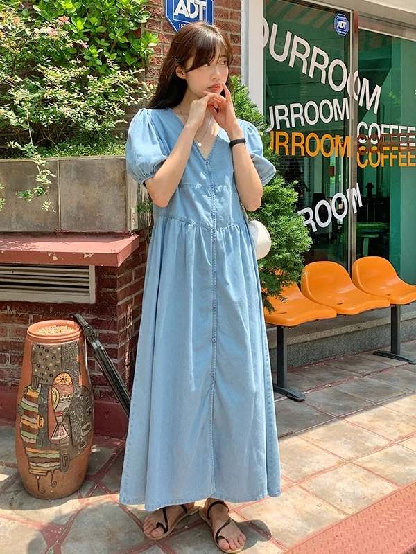 루즈핏 A라인 롱 데님 원피스 여성용 버블 소매 V넥 워싱 슬리밍 부드러운 싱글 버튼 스플릿 코튼 봄 가을