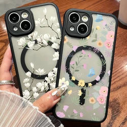 Flowers Magnetic Case For iPhone 16 15 14 13 12 Pro Max 11 For Magsafe Wireless Charging Shockproof TPU Matte Clear Phone Cover