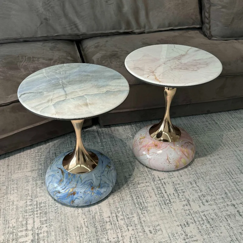 Round Sintered Stone Side Table, Modern Simple Coffee Table for Balcony, Creative Accent Table Small Sofa End Shelf Space Saving