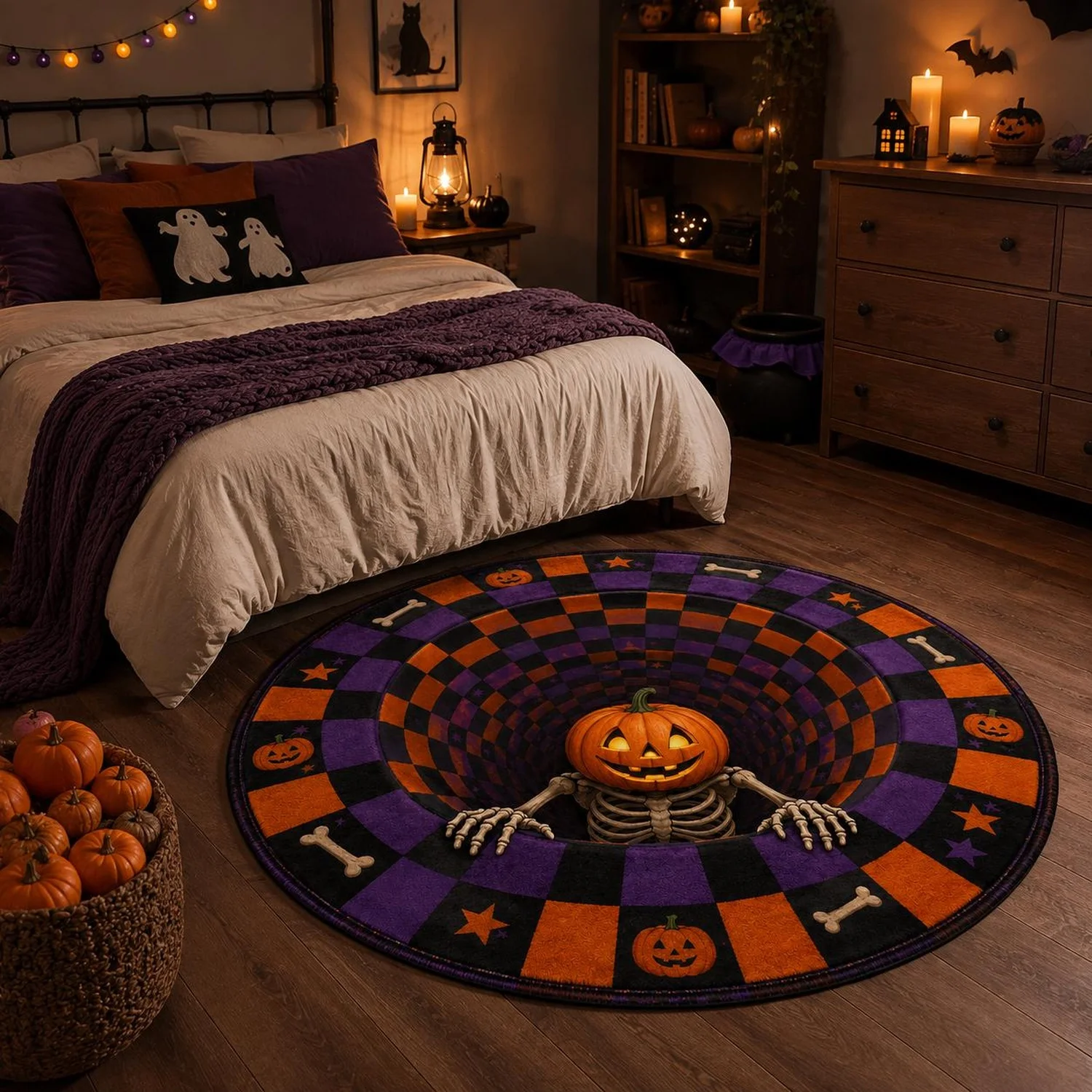 Halloween Skull Round Carpet, Pumpkin Head 3D Three-Dimensional Floor Mat, Horror Bedroom Decoration