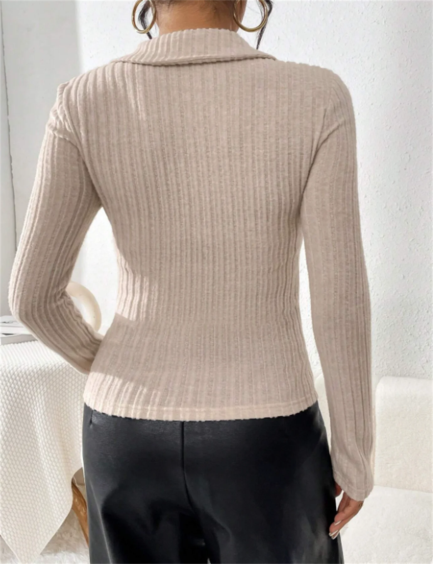 Women\'s Plain Zip Up Ribbed Crop Tee Elegant Slim fiting Long Sleeve Collared Top For Spring Fall Women\'s Top For Daily Wear