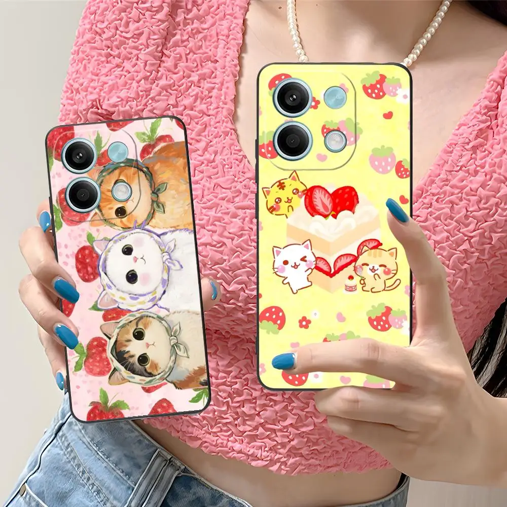 Cat Kitten Strawberry Mobile Phone Case for Xiaomi Redmi Note 14 13 12 11 S Pro Plus 4G 5G Colorful Printing Cover Cover Pretty