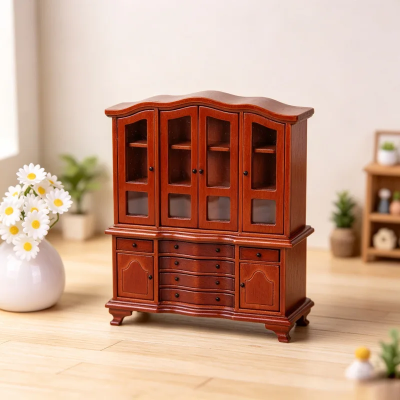 Mini Cabinet Vintage Pine Wood Display Cabinet with Drawers 1:12 Miniature Storage Bookcase Living Room Furniture Decoration