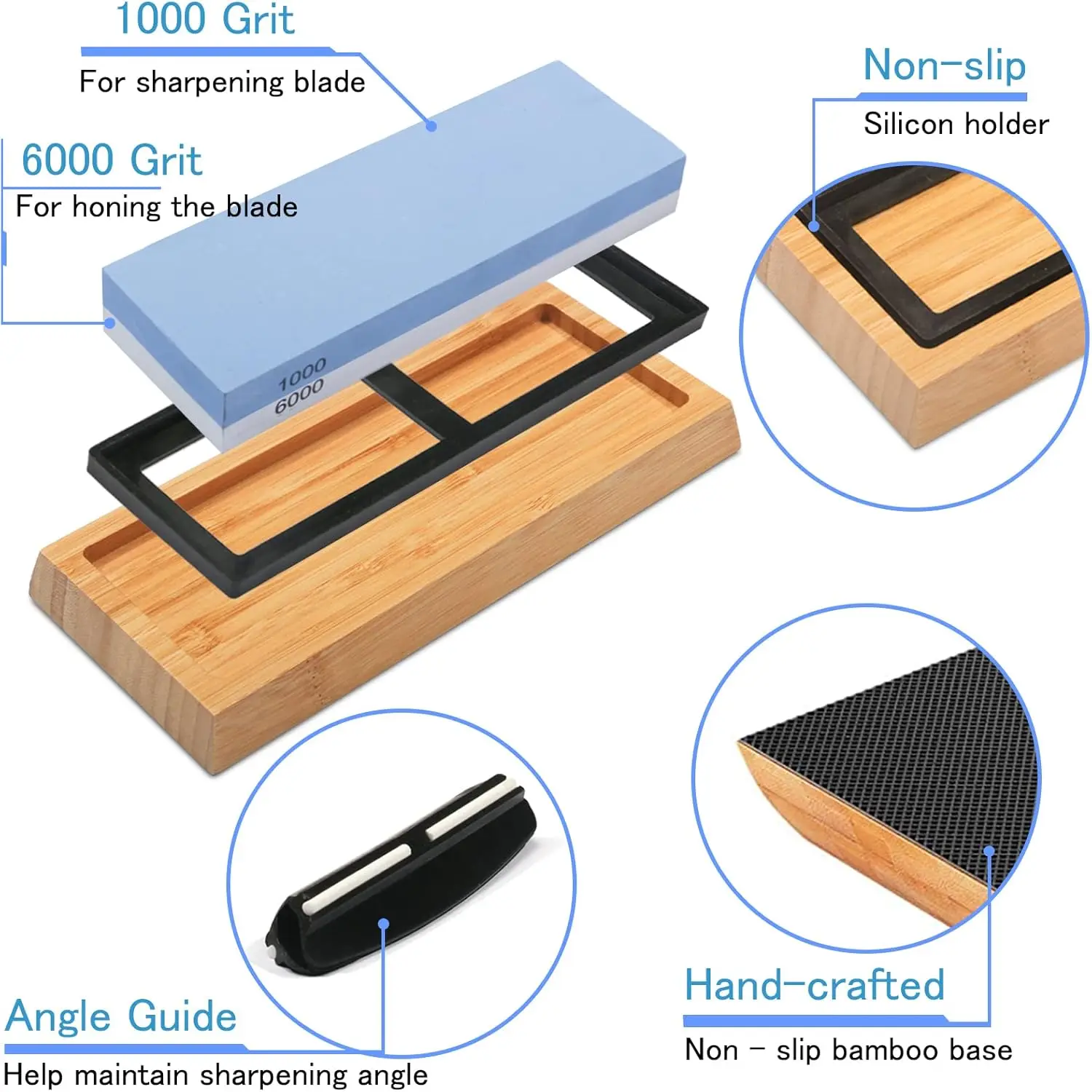 Double Sided Whetstone 1000/6000 Grit Knife Sharpening Kit with Bamboo Base & Angle Guide