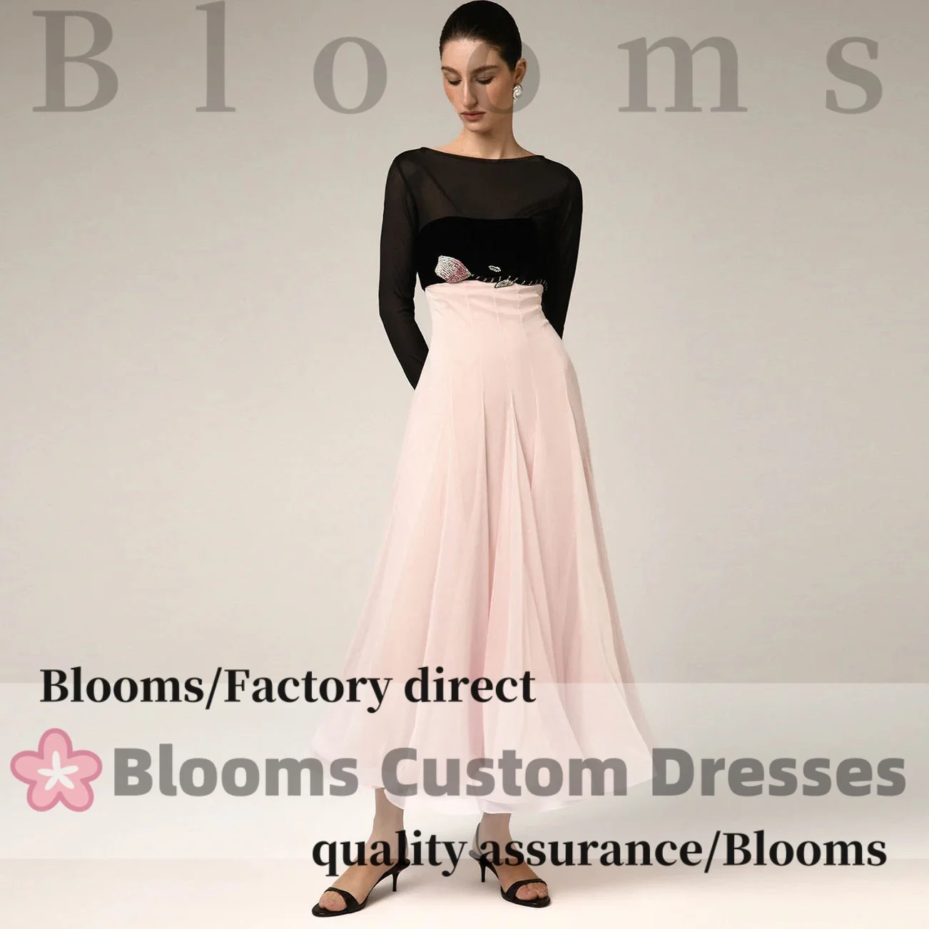 Customized Boat Neck Black Long Sleeves Formal Evening Dresses Pink Flower Beaded Prom Gown A-line Elegant Party Dress 2026