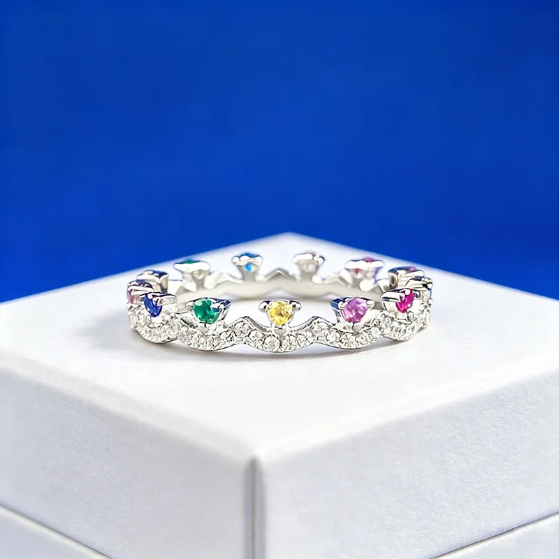 Luxury white gold full diamond color row ring lace crown solid platinum PT950 ring for women simple thin stacking commuting