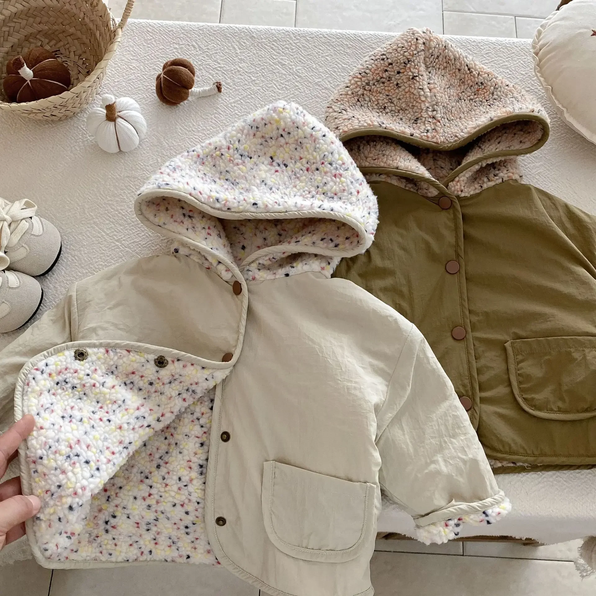 2025 Reversible Hooded Fleece Kids Winter Jacket 2-in-1 Warm Toddler Outerwear with Pockets Boys Comfort Hoodies 80-130cm