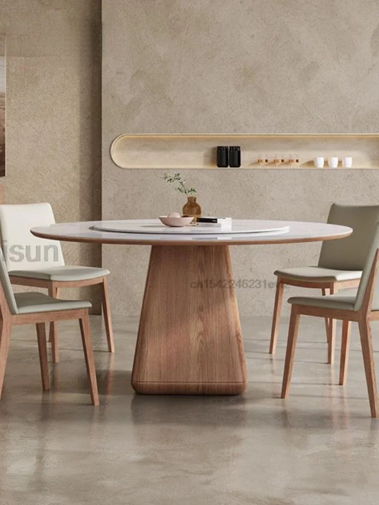 Wooden Dining Room Sets Stable 12mm Rock Slab And 18mm Thickness Of Base Plate Tabletop Round Kitchen Table With 360°Turntable