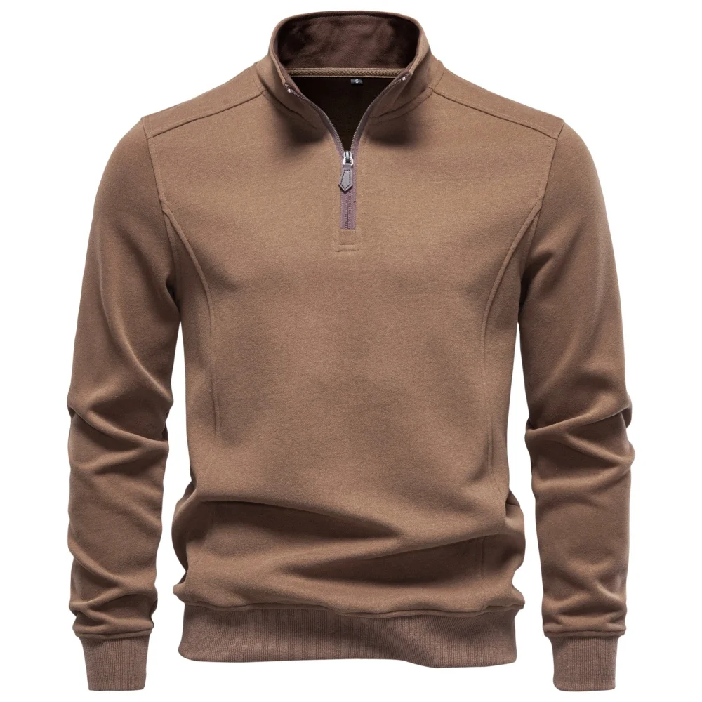 AIOPESON Herren Pullover mit halbem Reißverschluss, Stehkragen, einfarbig, warm, gemütlich, langärmelig, Sweatshirt, Herbst-Winter, lässig, leicht, Oberteil – Detail 4
