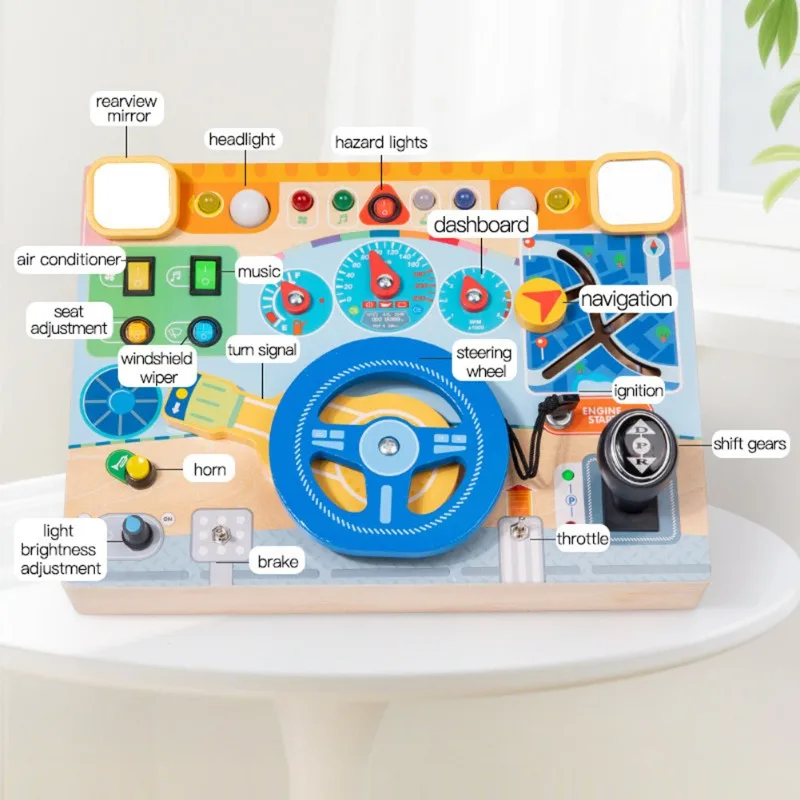 

Educational Driving Simulator -Wooden Busy Board With LED Steering Wheel For Kids