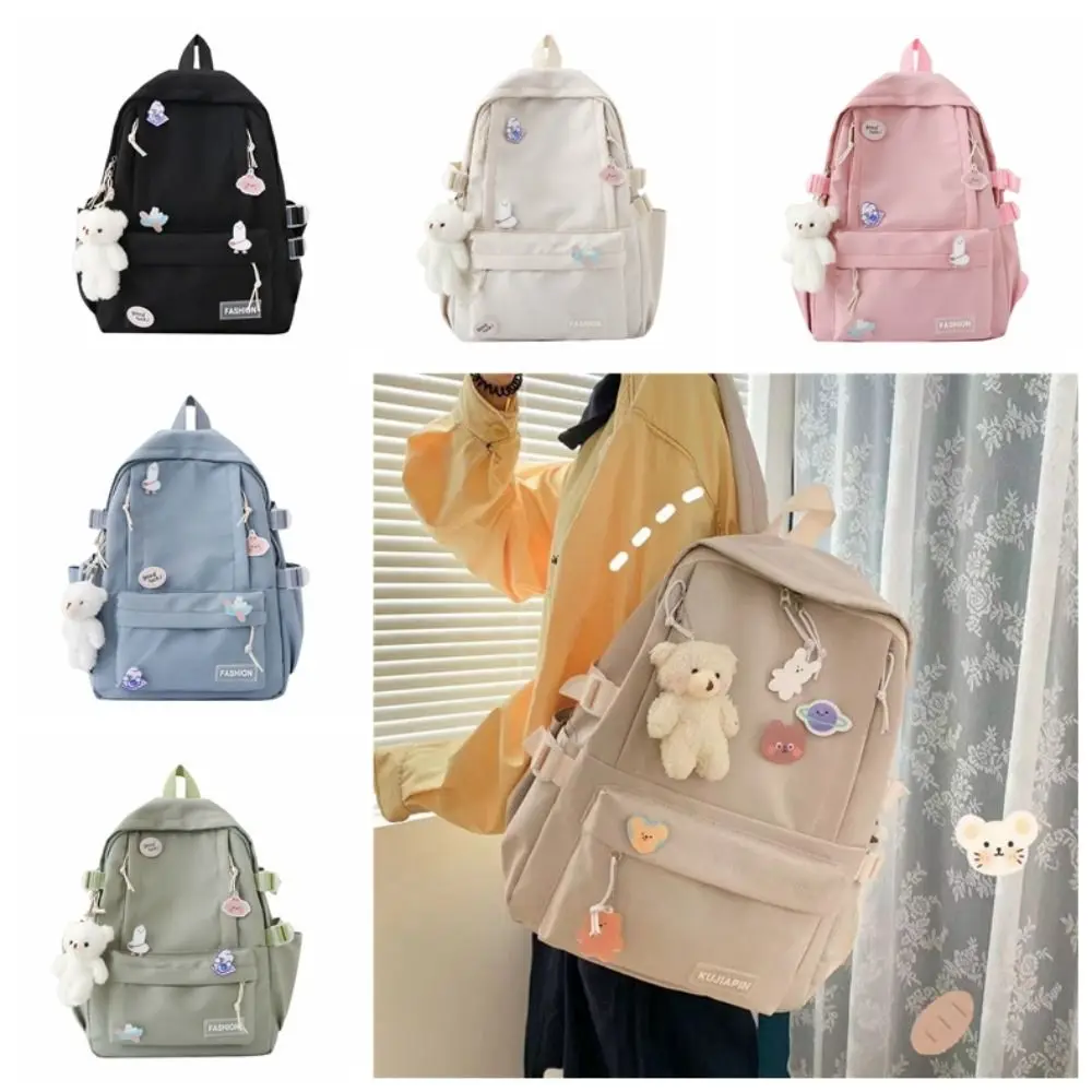 Cute Bear Pendant Solid Color Backpack Large Capacity Korean Style Students School Bag Badge Storage Bag Shoulder Bag Outdoor