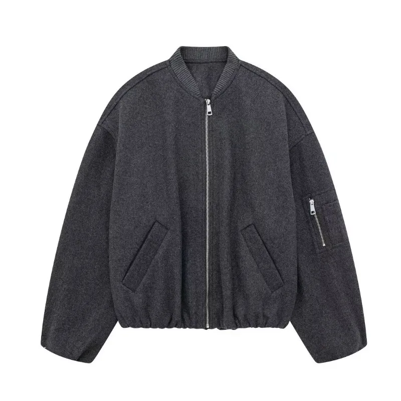 

Oversized Bomber Jacket With Pockets Jackets Women Wool Blend Long Sleeves Elasticated Trim Winter Autumn Jacket