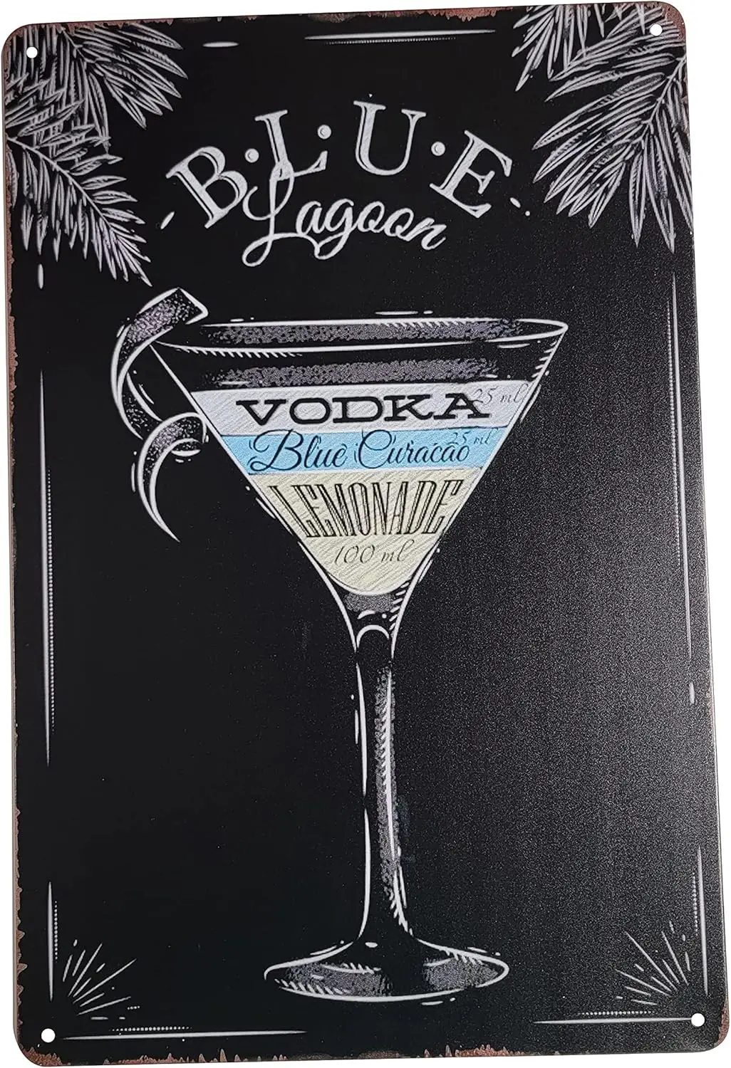 Menú de Recetas de Cócteles y Bebidas Populares para Bartenders en Letrero Metálico Decorativo para Pared (BLUE LAGOON) - Aluminio