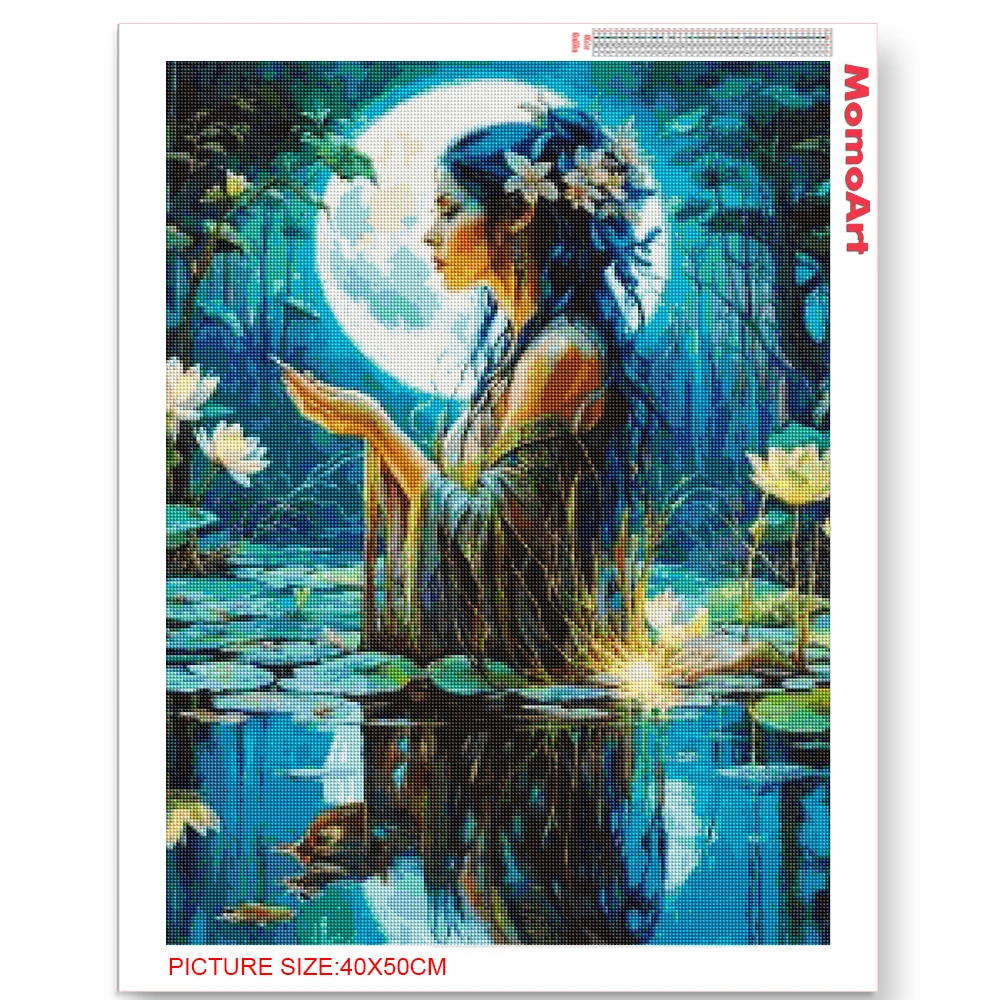 لوحة ماسية للنساء من MomoArt ، قمر فسيفساء ، مربع كامل ، زهرة مستديرة ، تطريز لوتس ، بحيرة ، هواية مصنوعة يدويًا ، وصول جديد
