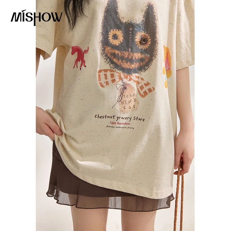 Women's Funny Cat Print T-Shirt - Colorful Dot Tee