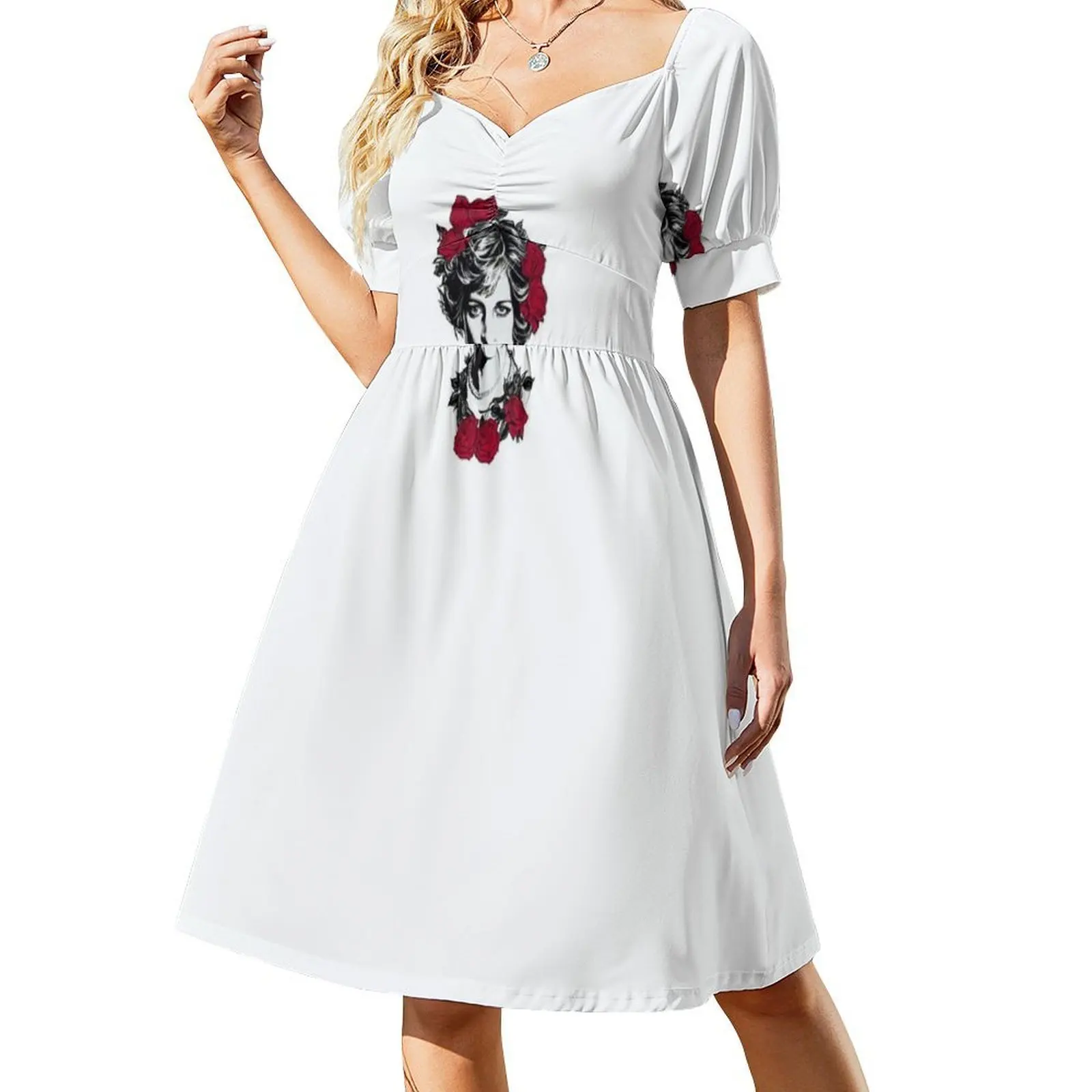 فستان Red Roses-Princess Diana على الطراز الكوري للنساء فستان كاجوال أنيق للحفلات أو الارتداء اليومي الأميرة ديانا ديانا