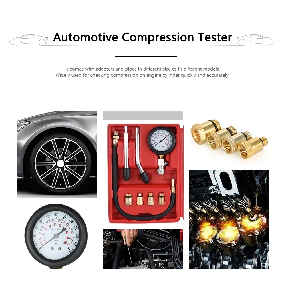 Gasoline Engine Compression Tester Auto Petrol Gas Engine Cylinder with M10 M12 M14 M18 Adapter Automobile Pressure Gauge Tester