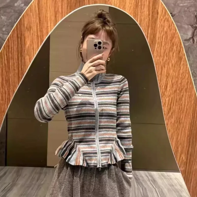 

Ruffle Striped Knit Cardigan Women 2025 New Contrast Color Zip Up Slim Short Tops Vintage Long Sleeve Sueters De Mujer