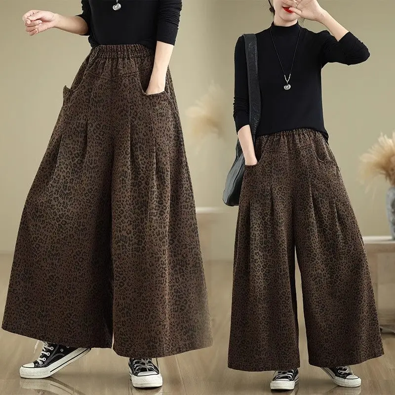 Cowboy Wide Leg Pants Leopard Print Fashionable Elastic Loose Fit Large Size Casual Versatile Straight Leg Trousers Jeans A488 ﻿