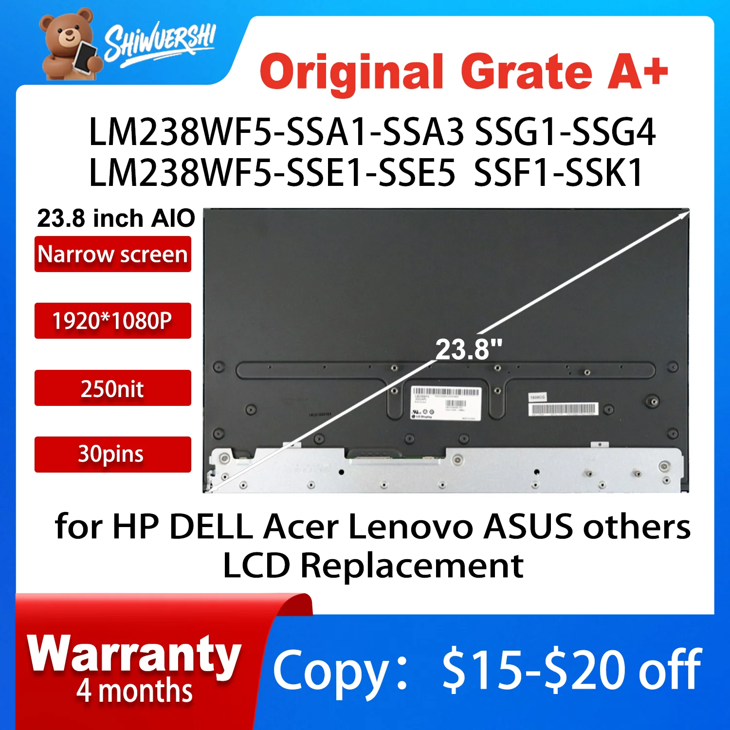 

Original New Touch LM238WF5 SSG1 SSG2 SSG3 SSG4 SSA1 SSA2 SSA3 SSB1 SSC1 SSD1 SSE1 SSE5 SSF1 SSH1 SSK1 23.8 Inch LCD Screen Disp