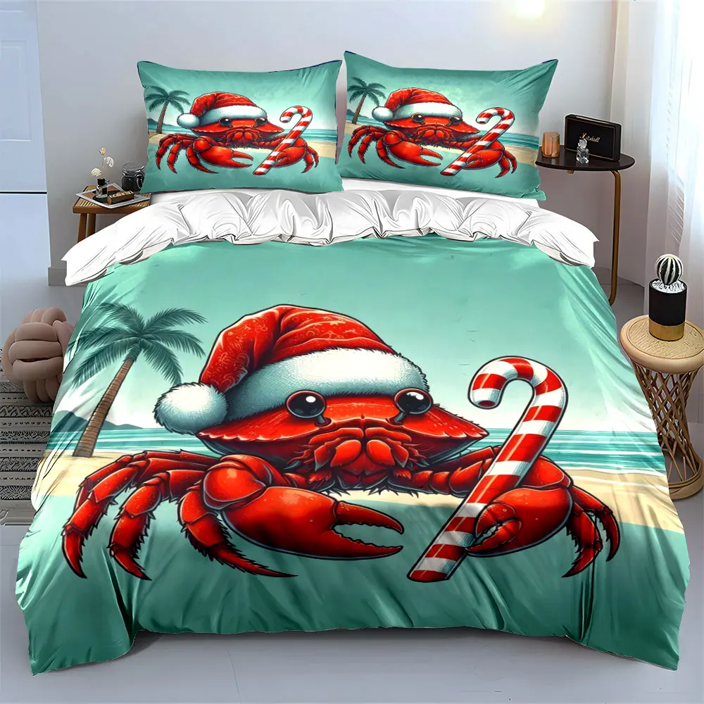 A crab in a Santa hat holding a candy cane on the beach Print Duvet Cover Bedding Set Included 1*Duvet Cover 2*Pillowcases