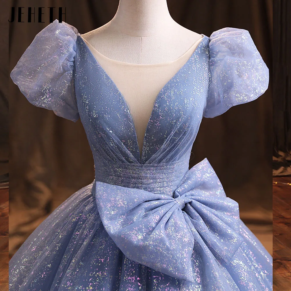 JEHETH Real Photos Glitter Prom Gown Puff Sleeves Princess Birthday Dresses Sparkling robe de bal Formal Evening Party For Women