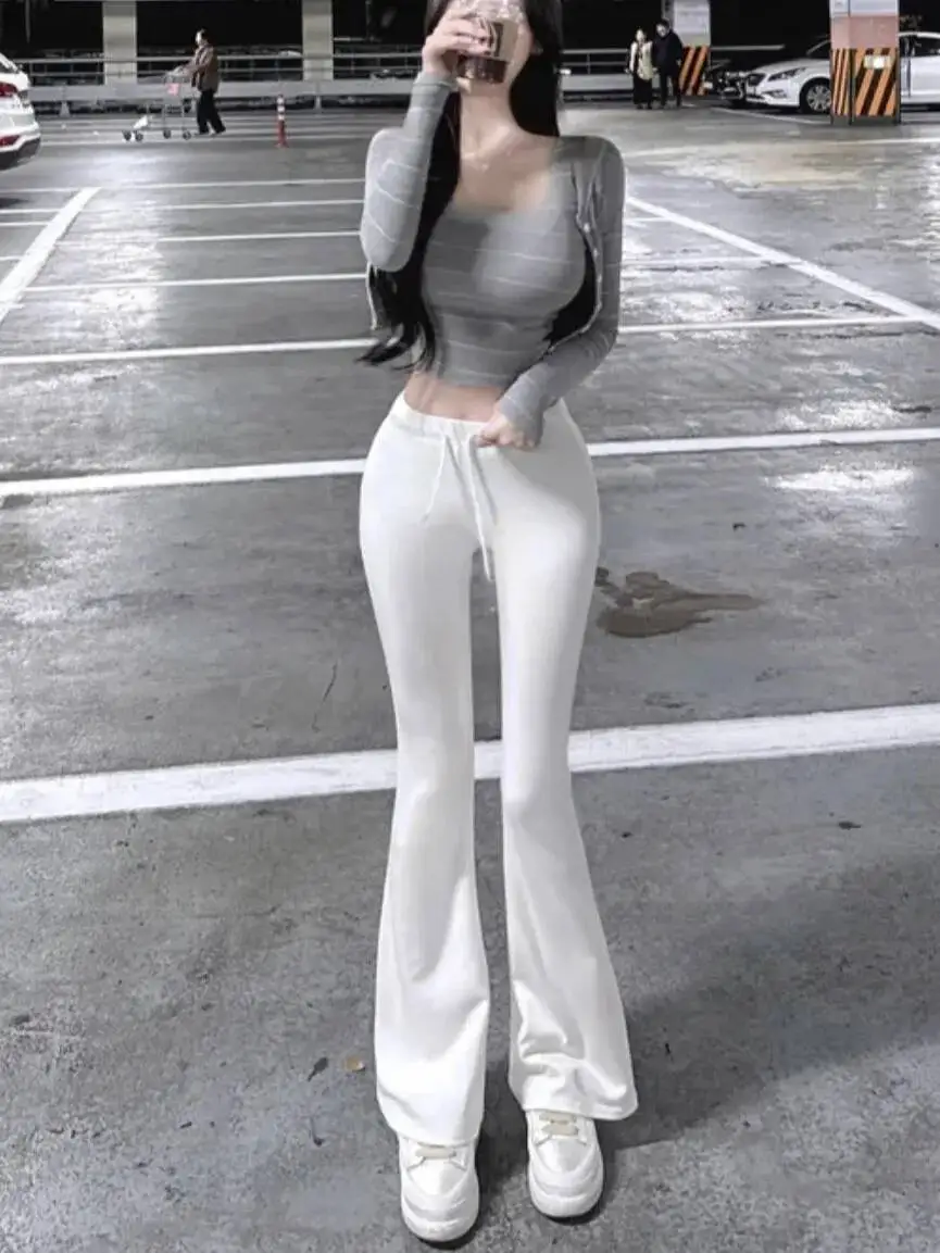 2026 Summer New Korean Version Sexy High Waisted Drawstring Lace Up Solid Slim Casual Sports Style Micro Flared Pants KO51