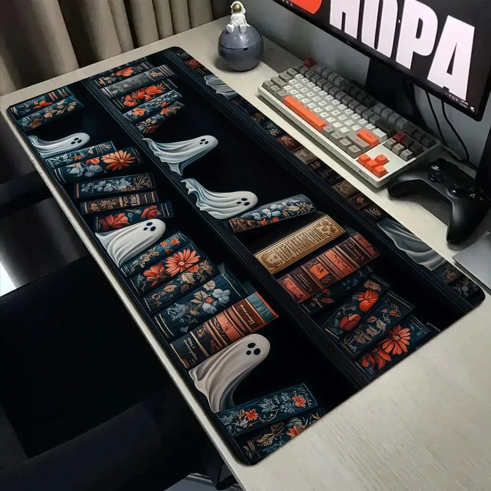 Bookshelf and Cute Ghost Mouse Pad Desk Mat with Stitched Edge Non-Slip gaming mats pc accessories keyboard desk pad mauspad