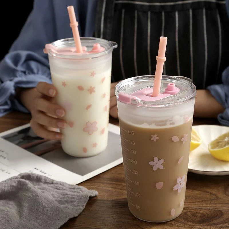 

Sakura Glass Cup Double Layer Heat Resistant Glass With Lid And Straw Kawaii Flower Glass Coffee Tea Cup Water Bottle Drinkware