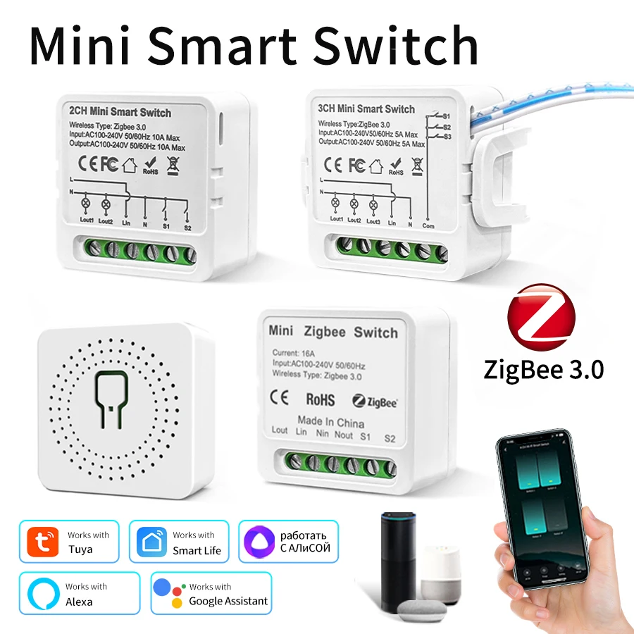 Mini Tuya Smart ZigBee Switch 100-240V 1/2/3CH Smart Home Module Breaker Smart Life App Alexa Google Assistant Voice Control