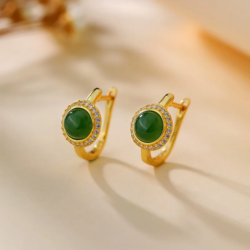 

S925 Silver Gold-Plated Inlaid Hetian Jade And Jasper Small Round Cabochon Women'S Earrings