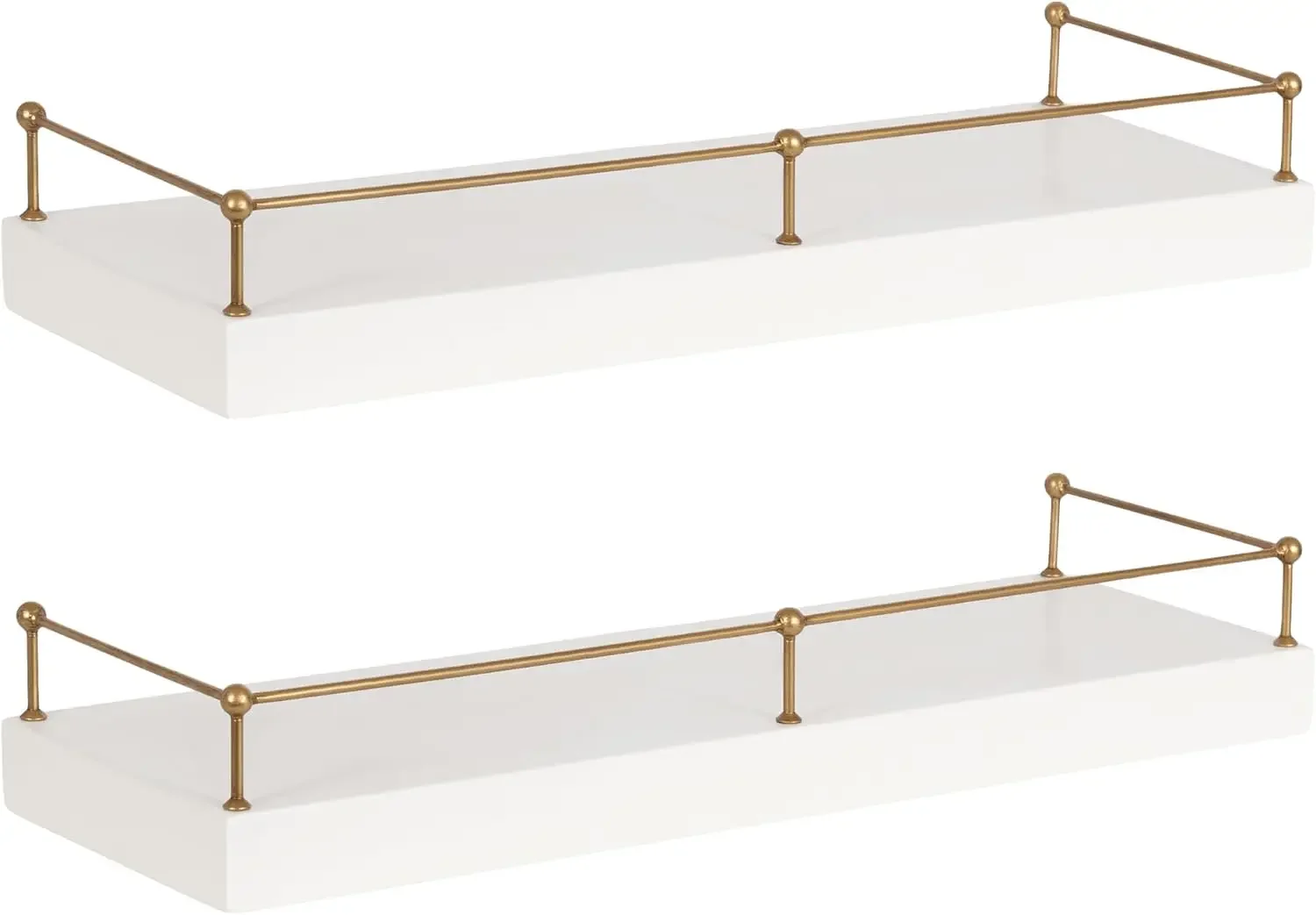Kate and Laurel Havina Modern Natural Floating Shelves with Rail, Set of 2, 24 x 8, White and Gold, Functional Nursery Book Shel