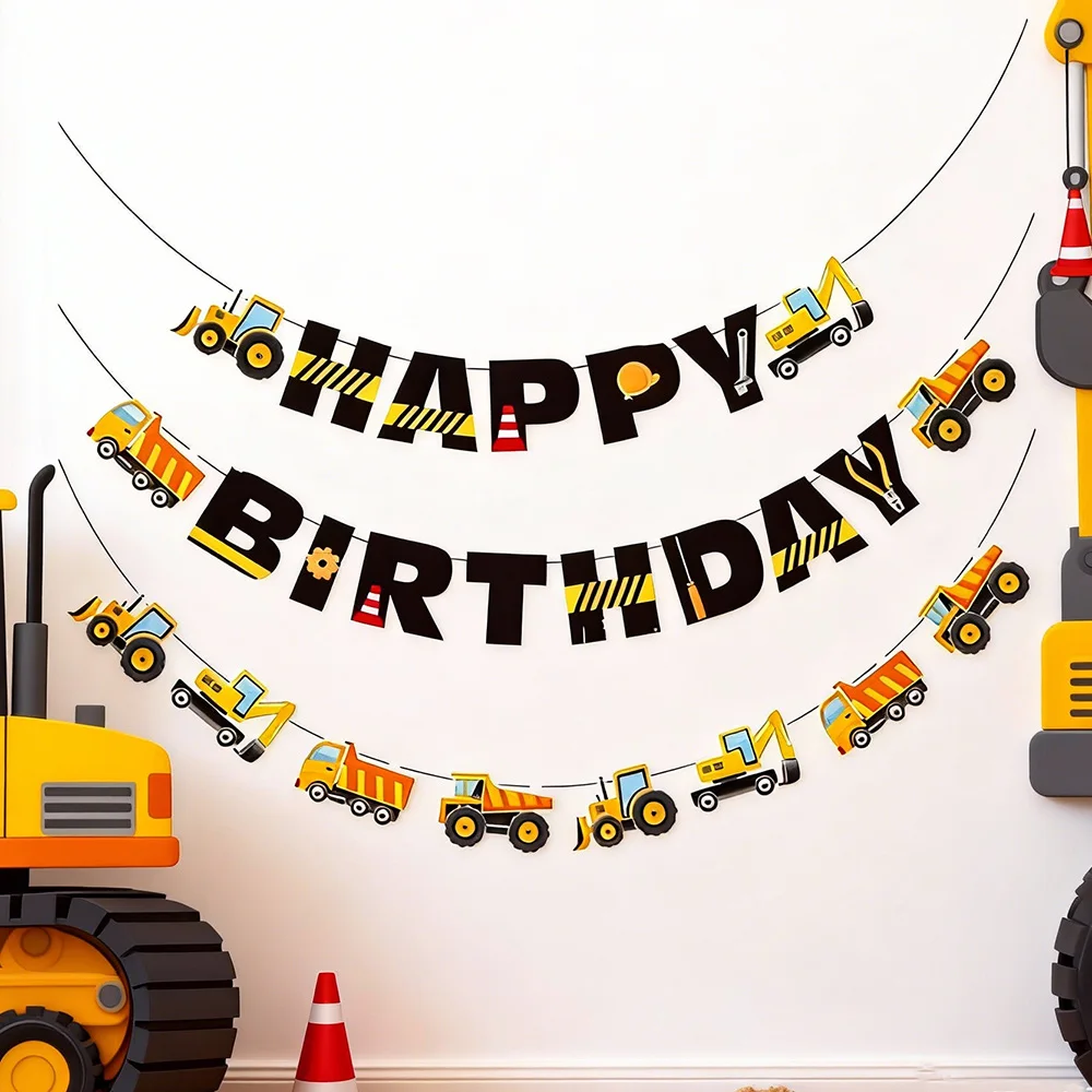 Bannière d'anniversaire camion de chantier, guirlande décorative motif camion d'excavation, décoration de fête d'anniversaire pour garçons sur le thème de la construction
