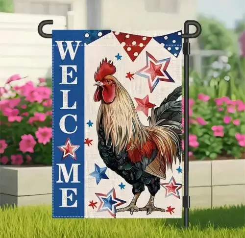 Garden flag, welcome rooster, 12” x 18”, thick polyester burlap, double-sided xxz HJN ZZU hhz