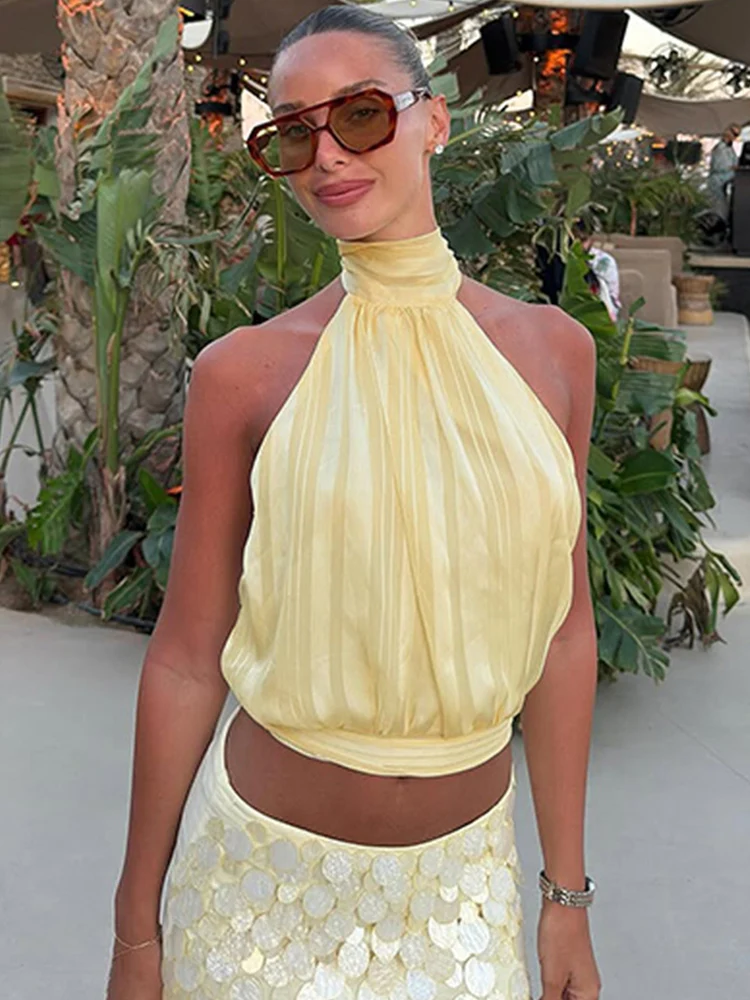 

Trendix Women Sexy Backless Tops Summer Street Hollow Out High Neck Halter Sleeveless Shirts Beach Party Club Loose Chiffon Vest