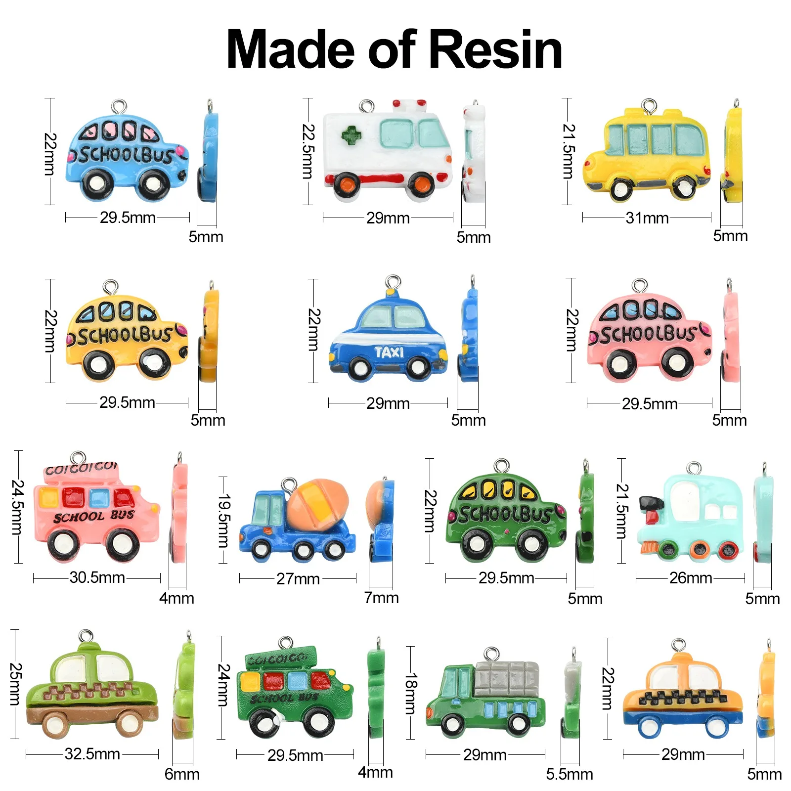 56Pcs Mixed Styles Resin Vehicle Transportation Theme Charms Car School Bus Taxi Truck Flatback Charms for DIY Jewelry Making