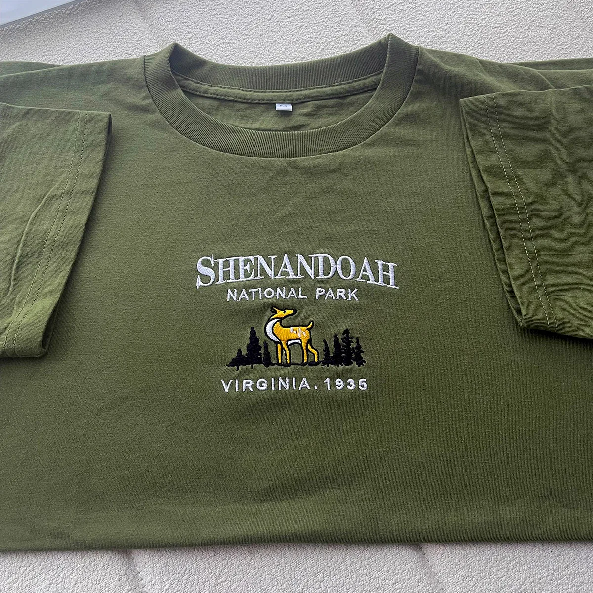 Shenandoah National Park Vintage Style Unisex Embroidered T Shirts Army Green Short Sleeve 250g Thick Cotton Summer Casual Tees