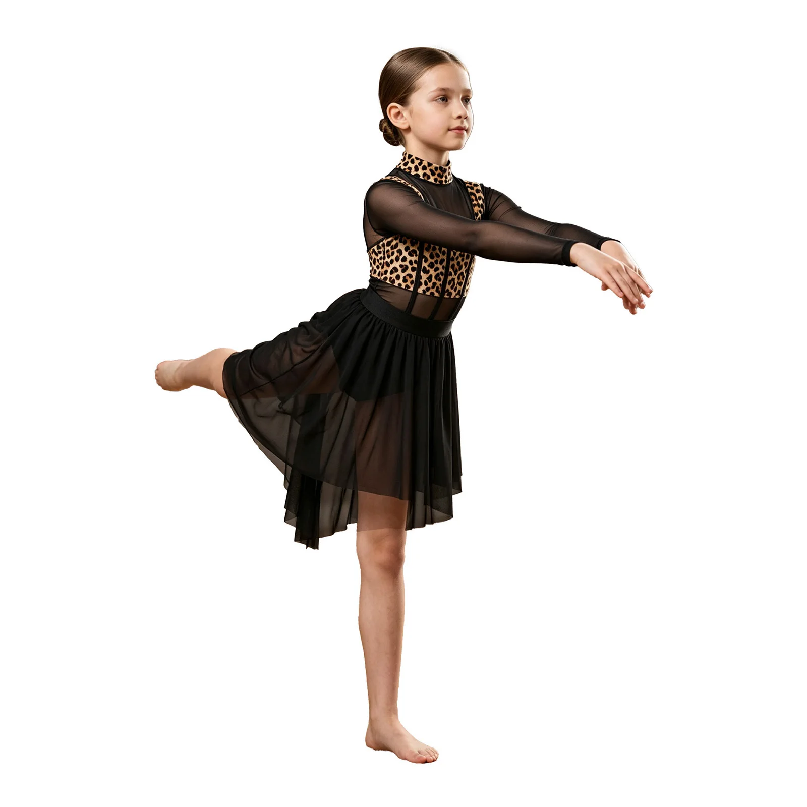 Kids Girls Modern Lyrical Dance Dress Latin Jazz Tango Salsa Costume Long Sleeve Printed Asymmetrical Hem Mesh Dress Leotard