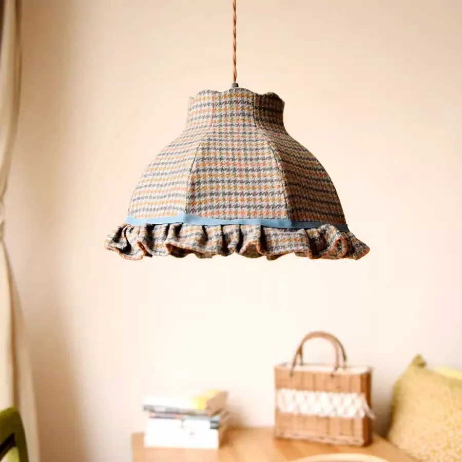 

Bedroom dining room pendant light, retro French artistic American countryside woolen plaid pendant light