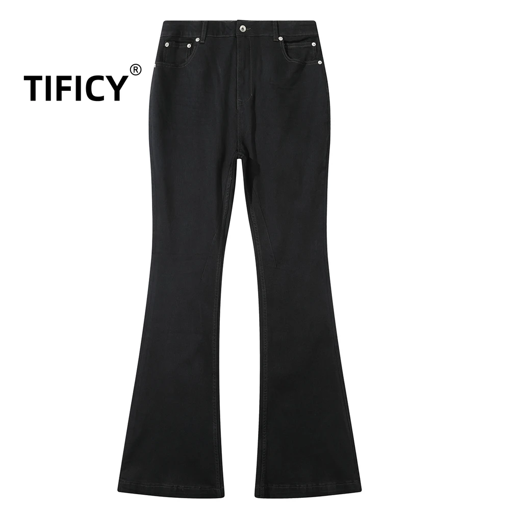 

High Street RO Style Cotton Jean Pants Men's Mainline Black Basic Floor Hugging Elastic Slim Fit Flared Wide Leg Denim Pant