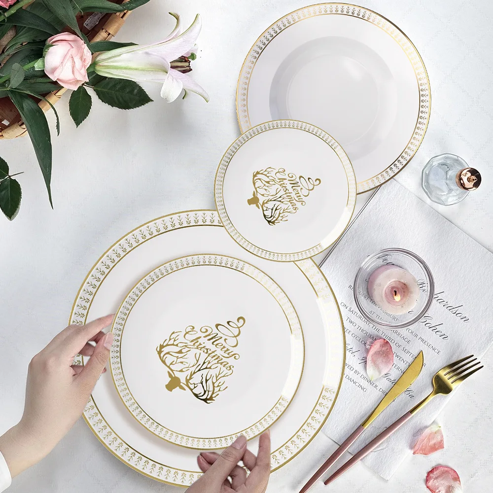 Luxury Merry Christmas Gold Rim Bone China Plate Set White Ceramic Steak Dessert Plates for Family Holiday Xmas Dinner Decoratio