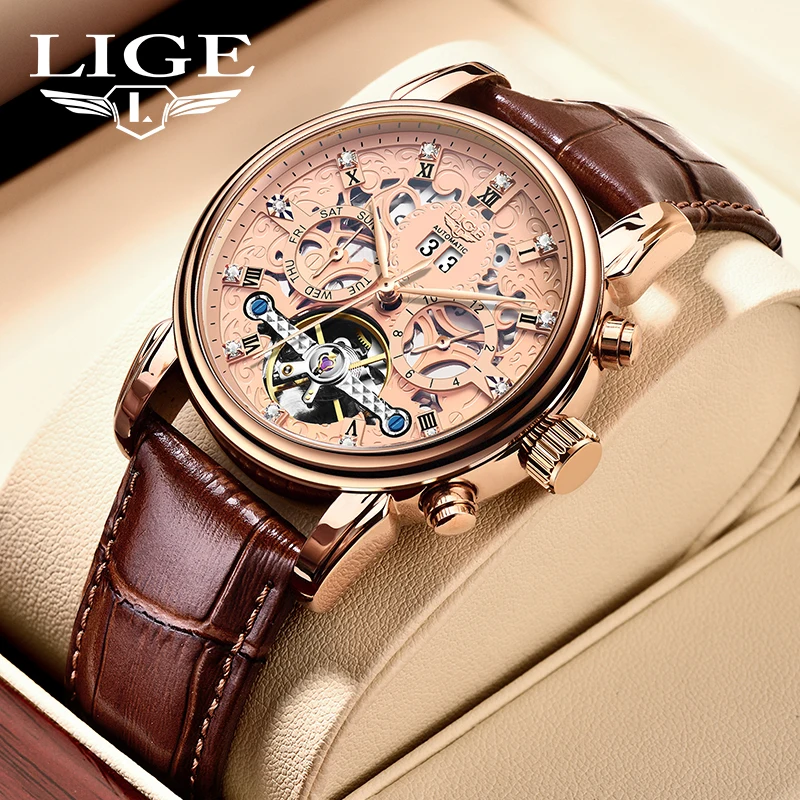 LIGE Fashion Luxury Mechanical Man Watch Business Leather Tourbillon Automatic Calendar Week Men\'s Watches Waterproof Wristwatch