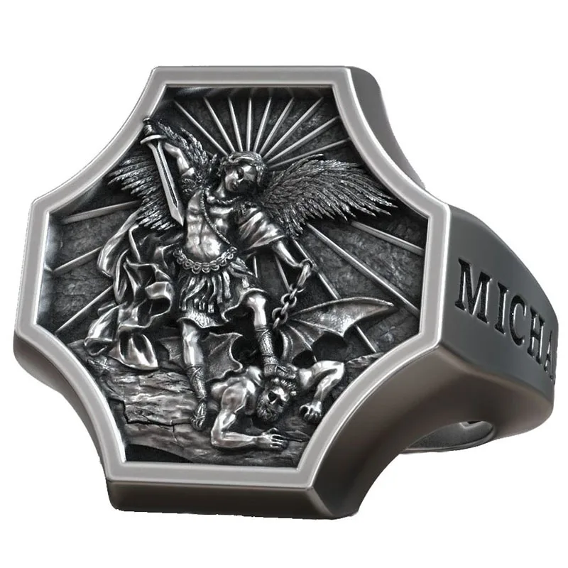 

14g Archangel Michael Defeating Satan Basrelief Mens Rings Customized 925 SOLID STERLING SILVER Many Sizes 6-13