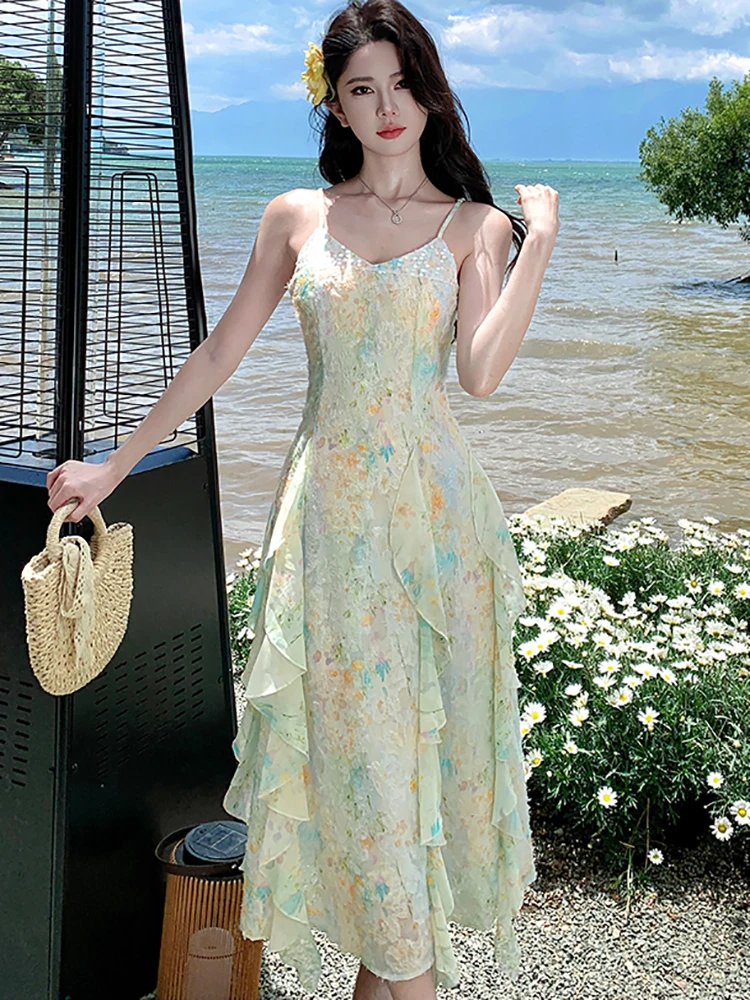 Summer Boho Jacquard Floral Sling Sexy Long Dress Women Elegant Casual Ruffled Prom Clothes 2025 New Korean Body Festival Dress