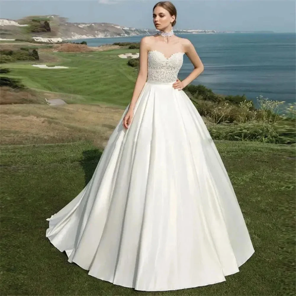 Abiti da sposa eleganti senza spalline 2024 Lunghezza pavimento che borda senza maniche in raso personalizzato A Line Abiti da sposa Vestido De Noiva