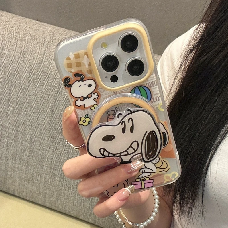 Cute Cartoon Snoopy Charlie Brown  Magnetic Holder Magsafe Wireless Charge Phone Case For iPhone 15 14 13 Pro Max Hard TPU Cover