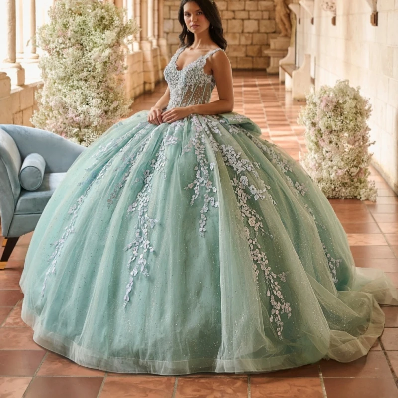 

Mint Green Shiny Quinceanera Dresses Ball Gown Off The Shoulder Beads Applique Lace Bow Tull Corset Party Birthday Sweet 16 Vest