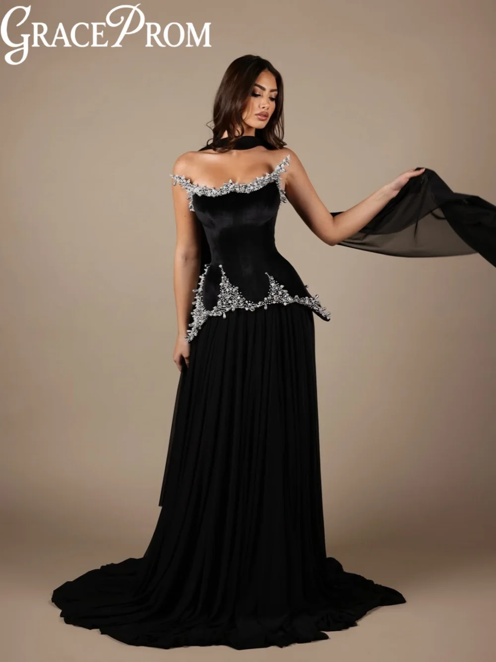 

Black Shimmering Pearls Evening Dress With Corset Chiffon Long Wedding Party Gown Customized Captivating Luxury Banquet Dresses
