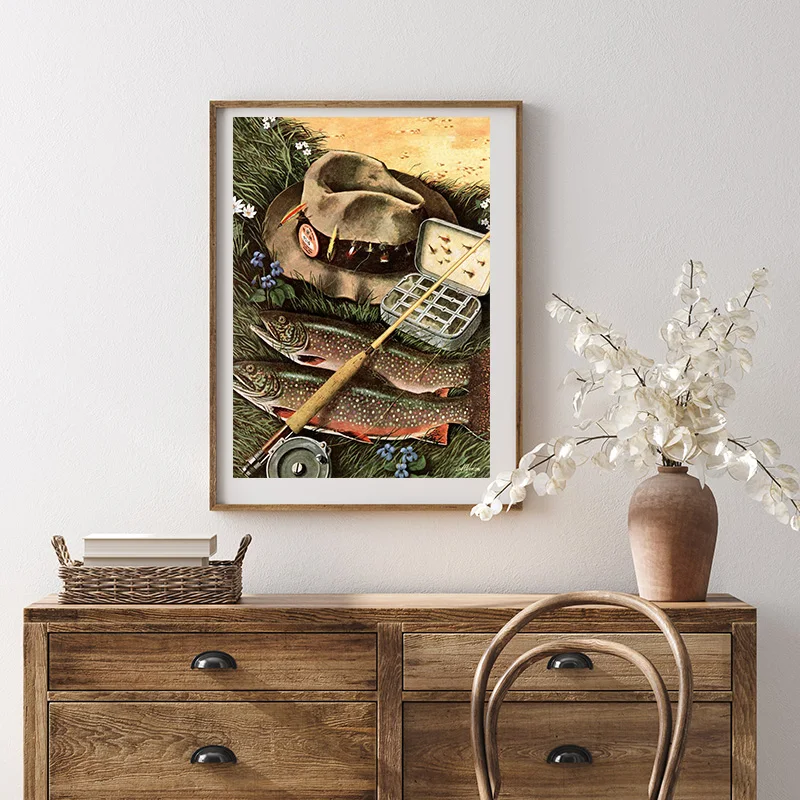 ملصق فني صياد عتيق لديكور المنزل ، لوحة قماشية ، صيد ، تخييم ، طبيعة ، بحيرة ، منزل ، طباعة جدارية ، صورة ، أولاد ، غرفة ، ديكور