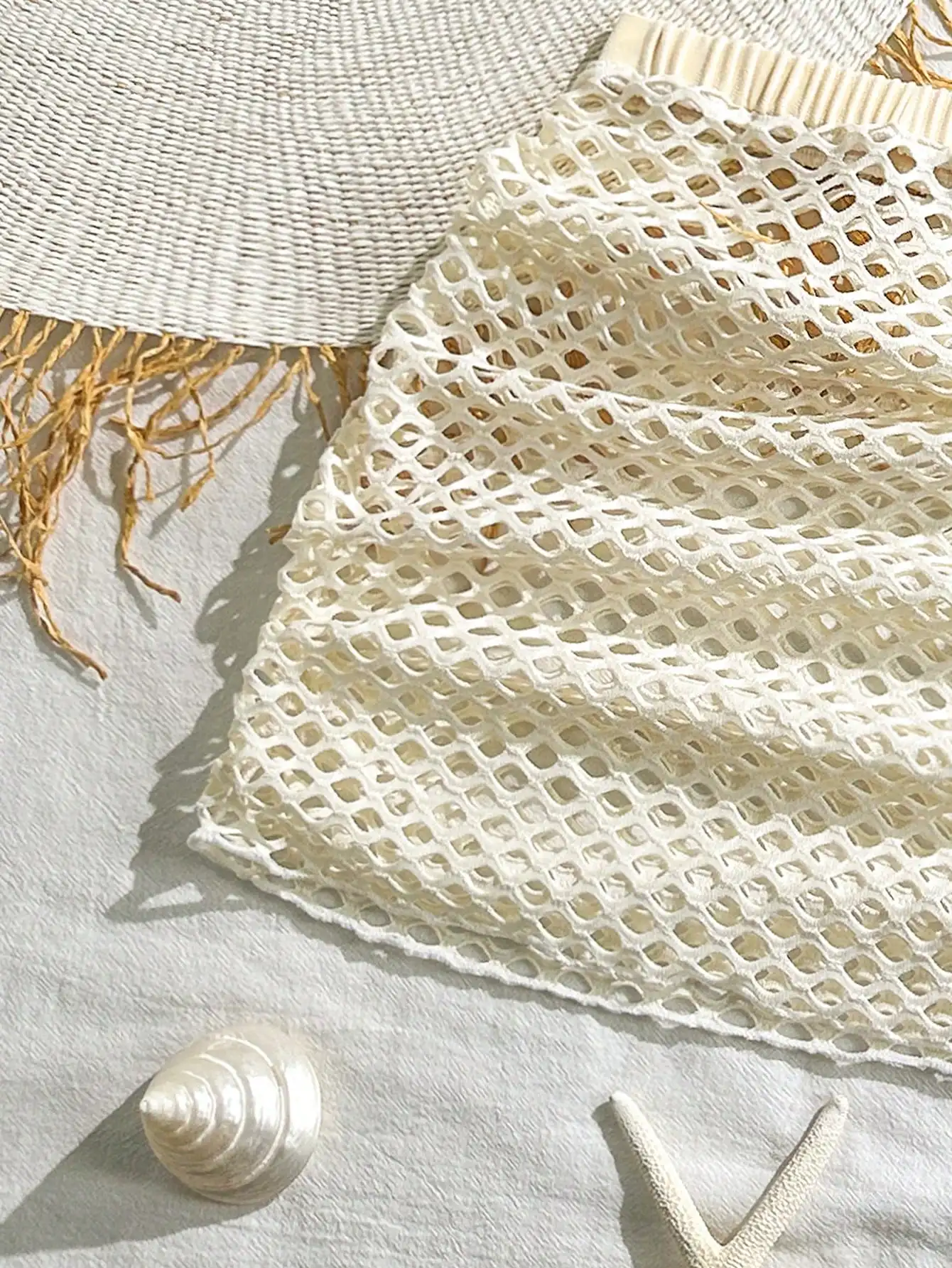 

Cream Beach Swimsuit Set With Mesh Cover-Up And Shell Trim